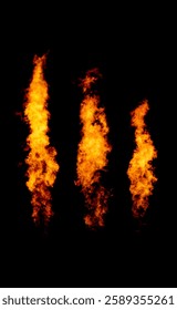 Set of three fire samples isolated on black, flame collection
