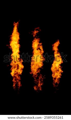 Set of three fire samples isolated on black, flame collection
