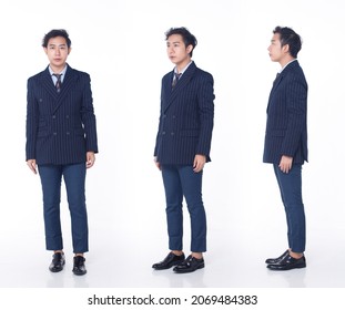 Set Of Three Full Length Figure Snap Of 20s Asian Man Black Curl Hair Wear Business Suit Shoes. LGBT Gay Stands Poses With Feeling Happy Confident Smile Over White Background Isolated