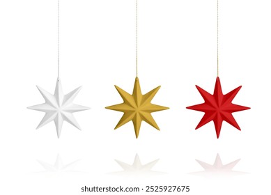 Set of three hanging star Christmas tree ornaments in white, gold and red isolated on white background. Traditional and festive holiday decoration. Winter celebrations and New Year decor. - Powered by Shutterstock