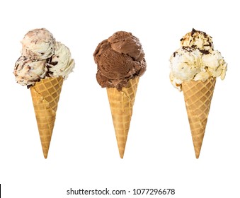 Set of three ice cream in waffle cone isolated on white background.
