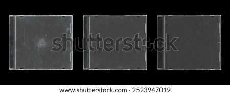 Set of three isolated mockup of old music CD disc jewel case with black cover layout for photo and artworks, in black background, y2k style	