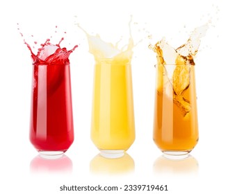 Set of three juices of different taste  - cherry, apple and orange - red, yellow and transparent gold in glass with reflection, colorful splashes, flying drops, swirl isolated on white background.