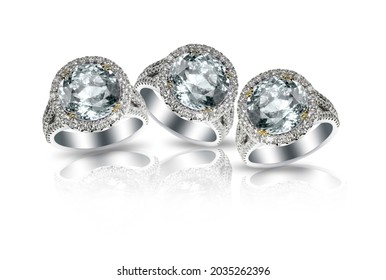 Set Of Three Large Beautiful Diamond Halo Engagement Wedding Rings