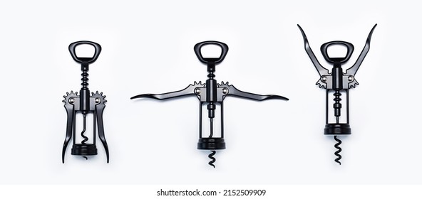Set of three levels of black metal wine bottle openers on white background.