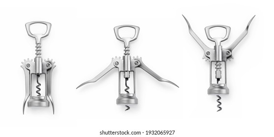 Set of three levels of shiny metal wine bottle openers on a white background