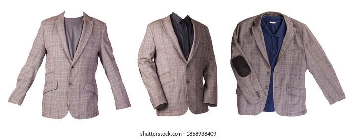 Set Of Three Light Brown Jacket With Check Buttons And  T-shirt Isolated On A White Background. Casual Style