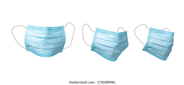 Set from three medical antibacterial blue face masks for protection from viruses on a white background, copy space. Concept of prevention from respiratory sickness and infections.