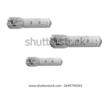 Set of three modified guided version Soviet FAB-100 aerial bombs used in warfare is isolated.