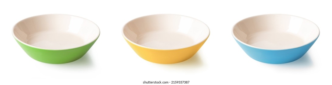 Set of three multicolored ramekins isolated on a white background. Colorful porcelain bowls cutout. Blue, yellow, green dishes. Empty crockery and tableware for food design. Front view. - Powered by Shutterstock