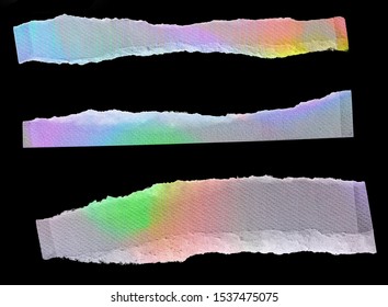 set of three paper strips with cool ripped edges and neon holo rainbow texture on black background