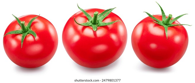 Set of three red campari tomatoes isolated on white background. Macro shot.