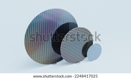 Set of Three Silicon Wafers of Different Sizes, 300mm, 200mm and 100mm, on Bright Background