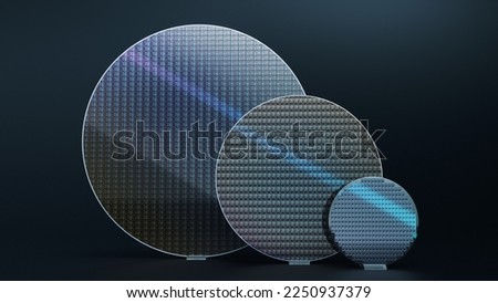Set of Three Silicon Wafers of Different Sizes, 300mm, 200mm and 100mm for Computer Chip Production on Dark Background