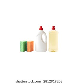 Set of three small bottles with red caps, white cream tube, and green cube, isolated