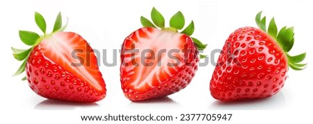 Set of three strawberries isolated on a white background. Two strawberries are cut and one is whole.