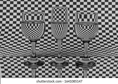 Set Of Three  Water Glasses In Black And White.