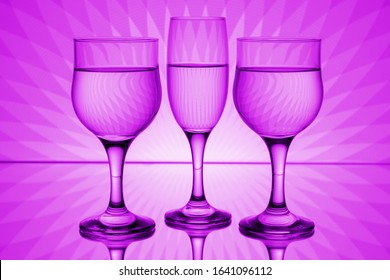 Set Of Three  Water Glasses With Purple Background.