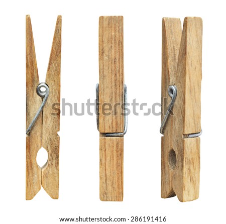 Set of three wooden cloth pegs isolated on white background Foto stock © 