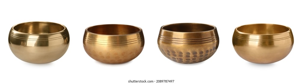 Set with Tibetan singing bowls on white background. Banner design - Powered by Shutterstock