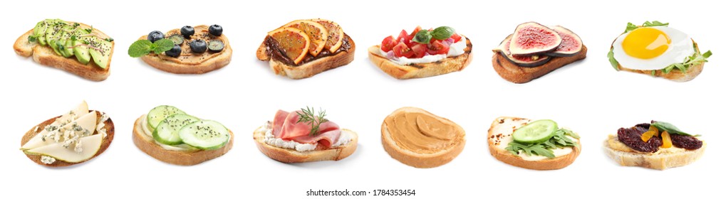 Set of toasted bread with different toppings on white background, banner design 