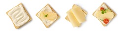 Set Of Toasts With Melted And Sliced Cheese On Bread. Assortment Of Sandwiches With Gouda Cheese, Tomatoes, Cucumber Isolated On A White Background With Clipping Path. Top View.
