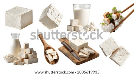 Set of tofu bean curd beancurd, coagulated soy milk soybean, chopstick rice knife, wooden serving board spoon, stack pile slice broken block cube, isolated cutout mockup