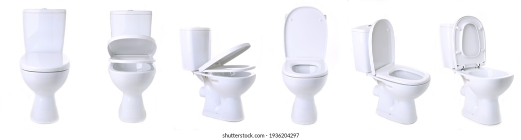 Set with toilet bowls isolated on white background. Collage. Top view - Shutterstock ID 1936204297