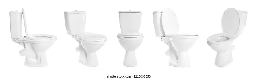 Set with toilet bowls on white background