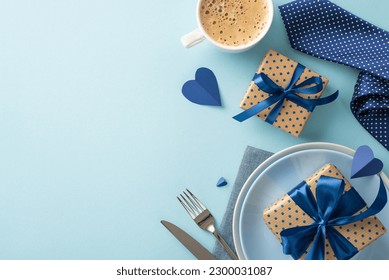 Set the tone for a memorable Father's Day celebration with this luxurious table setting featuring polished silverware, crisp linen napkins, coffee, gifts arranged elegantly on a pastel blue background - Powered by Shutterstock