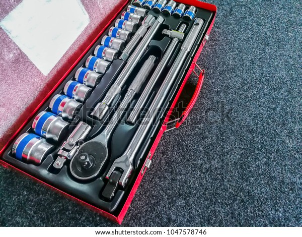 Set of tools for\
car repair in box, closeup