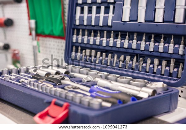 Set of\
tools for car repair in box, top viewA set of wrenches in a plastic\
box. A set for car repair. Close-up\
photo.