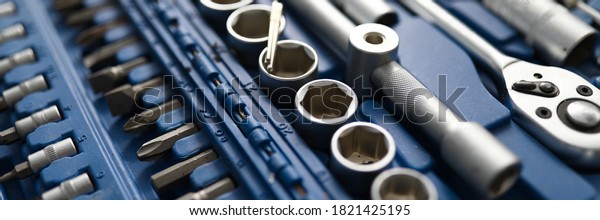 Set of tools for car repair in box closeup. Car\
mechanic tool concept