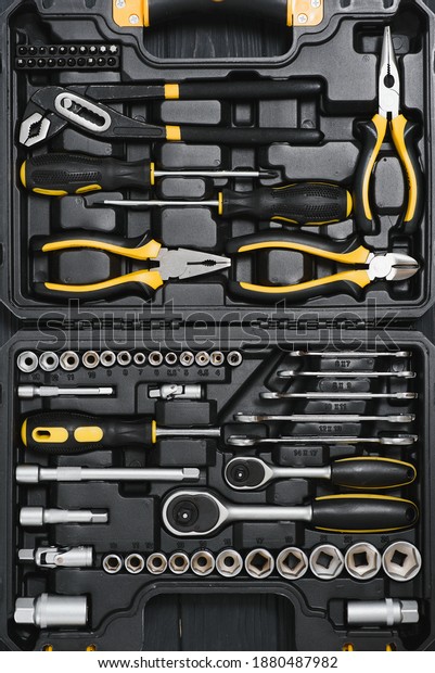Set of tools for\
car repair in box, closeup