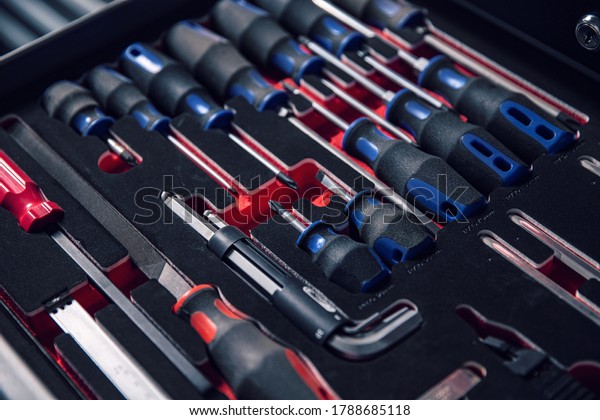 Set of tools\
for car repair in a case, close\
up