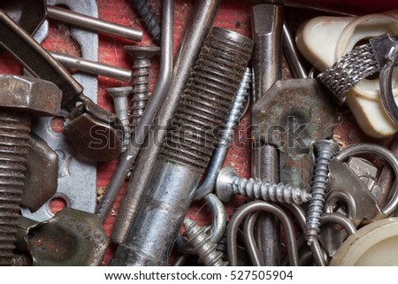 Set of tools and different contraptions. Top view.