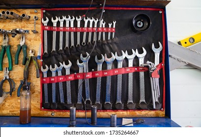 A Set Of Tools In The Garage. The Organization Of The Workplace At The Mechanic.