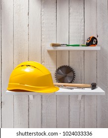 set of  tools and instruments on shelf background