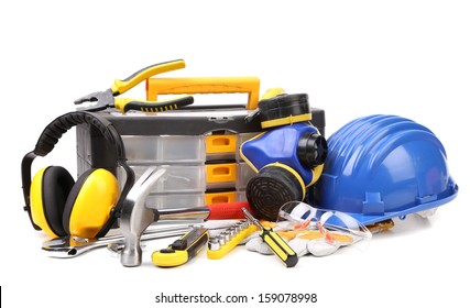 Set of tools and instruments with toolbox. Isolated on a white background
