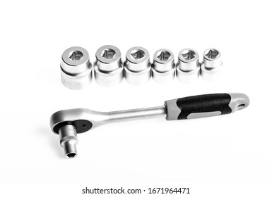 Set Of Tools Isolated On White Background. Socket Wrench. Perfect Tool Kit. Chrome Vanadium Steel. Metallized Fix Equipment. Socket Wrench Isolated On White Background. Brand New And High Quality.