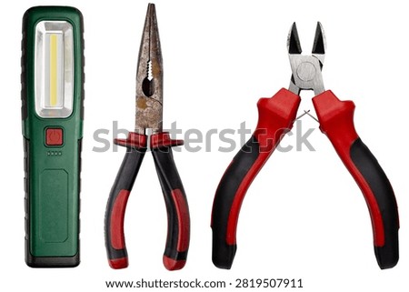 A set of tools with an LED work light, needle nose pliers, and diagonal pliers isolated on a white background. A set of tools