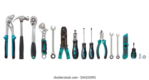 Set von Werkzeugen, Viele Werkzeuge einzeln auf weißem Hintergrund.