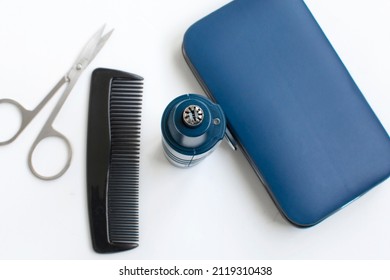 Set Of Tools For Men's Body Care. Trimmer Ready Comfy Remove Nose Ear Hair. Above View. White Background.