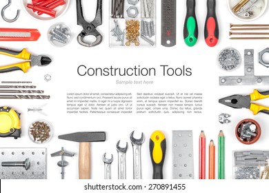 set of tools on white background top view