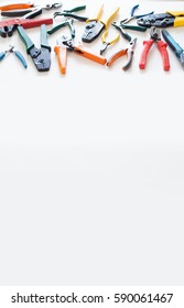 set of tools on white background top view