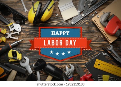 Set Of Tools On Wooden Background. Labor Day Celebration