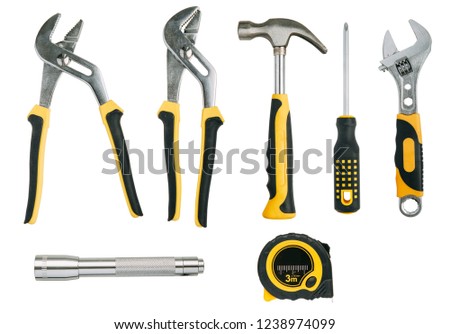 A set of tools for work at home and in the country. Photo without background, construction equipment.