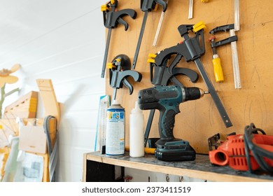 Set of tools in the workshop close up