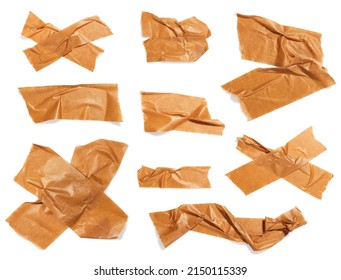 Set of torn of beige adhesive tape isolated on white background. Ripped stripes of eco friendly scotch adhesive tape - Shutterstock ID 2150115339