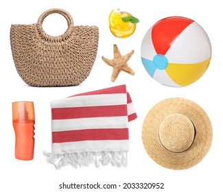 Set with towel and other beach accessories on white background - Powered by Shutterstock